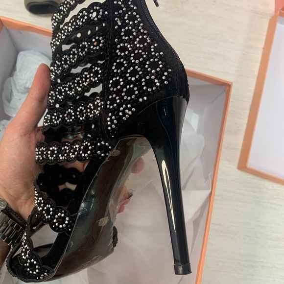 Open Toe Silver Crystal Stiletto Heel Bootie - Black Velvet - Picture 4 of 10